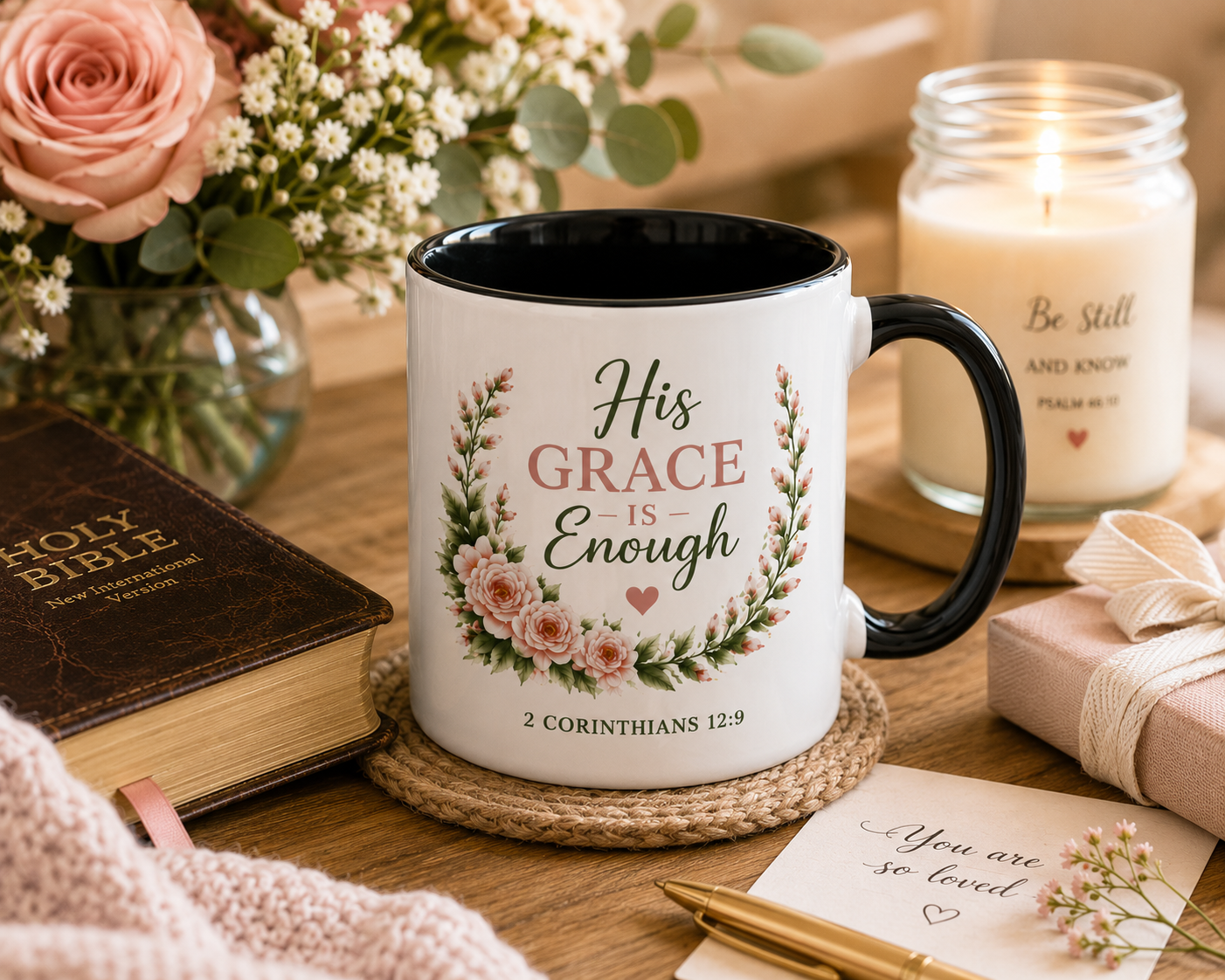 His Grace Is Enough Christian Accent Mug | 2 Corinthians 12:9 Bible Verse Coffee Mug | Faith Gift for Women | Christian Coffee Cup | Scripture Mug