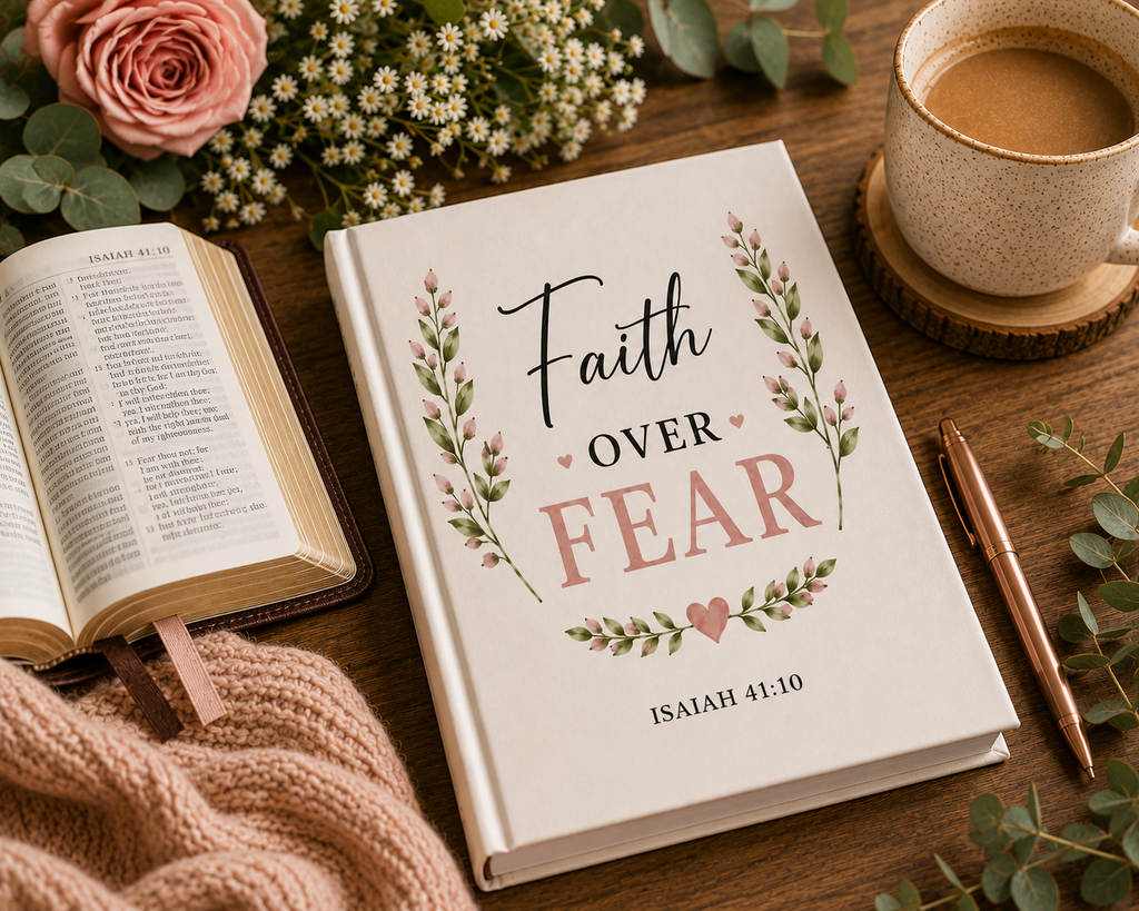 Faith Over Fear Hardcover Journal | Isaiah 41:10 Christian Prayer Journal | Bible Study Notebook | Inspirational Faith Gift for Women