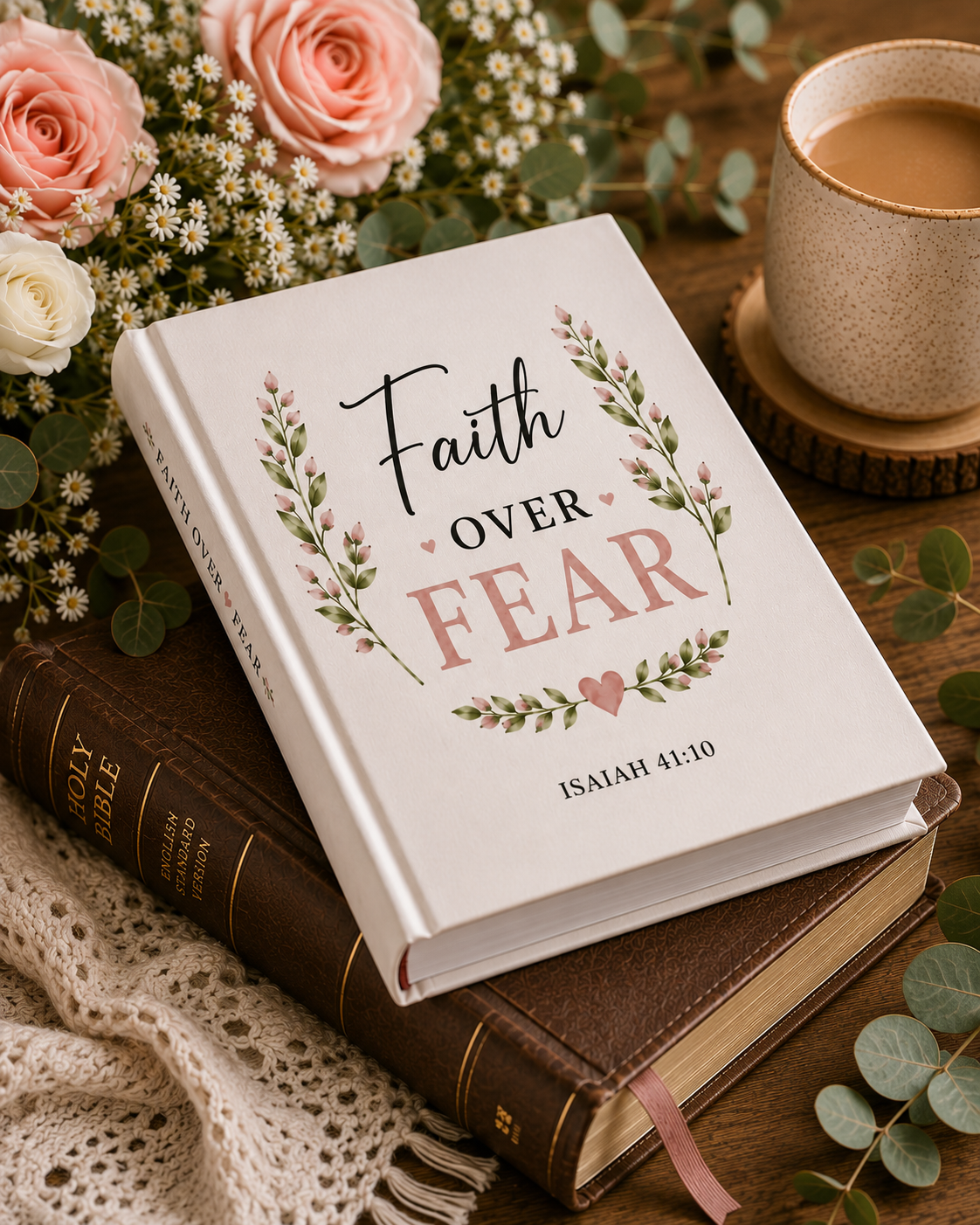 Faith Over Fear Hardcover Journal | Isaiah 41:10 Christian Prayer Journal | Bible Study Notebook | Inspirational Faith Gift for Women