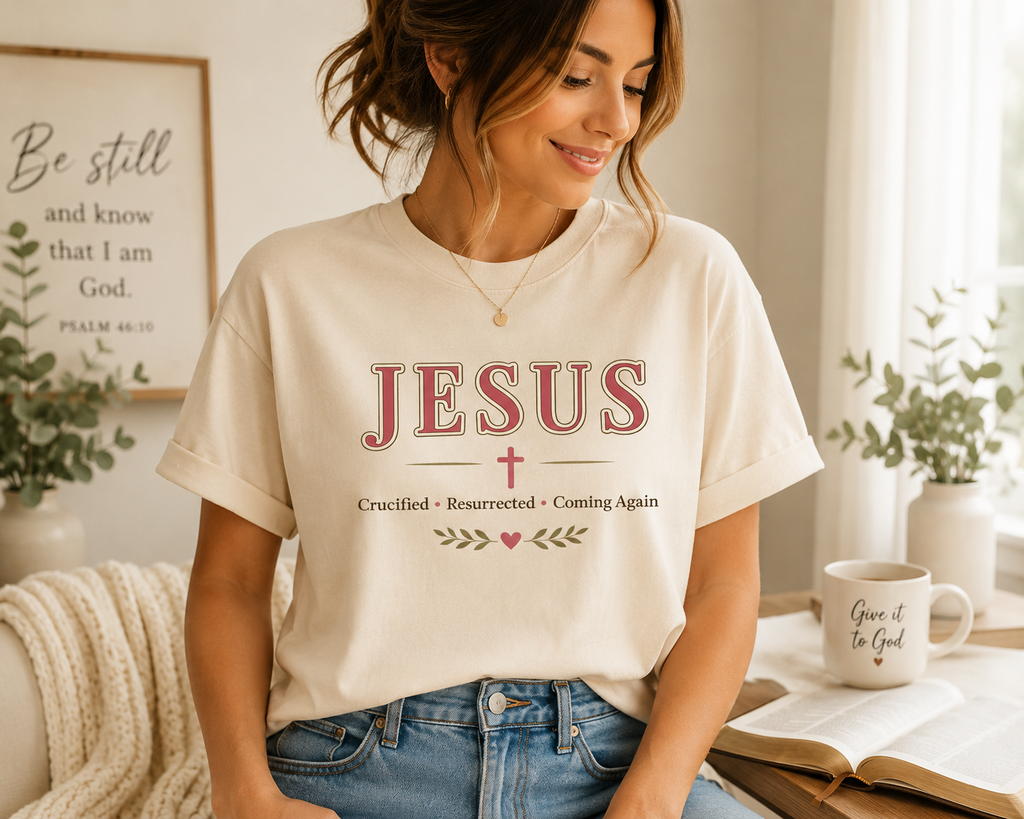Jesus Crucified • Resurrected • Coming Again | Christian Comfort Colors T-Shirt | Faith-Based Graphic Tee | Christian Gift for Women
