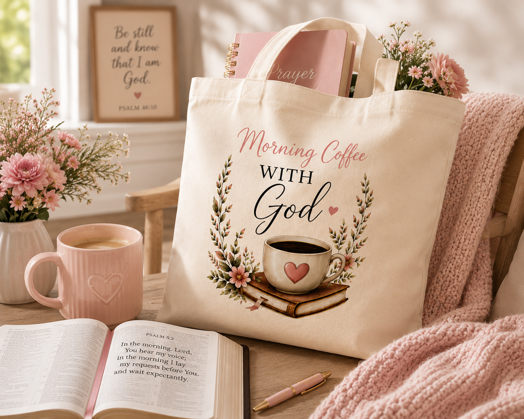 Morning Coffee with God Canvas Tote Bag | Christian Tote Bag | Psalm 5:3 Bible Verse Tote | Faith-Based Gift for Women | Bible Study Bag
