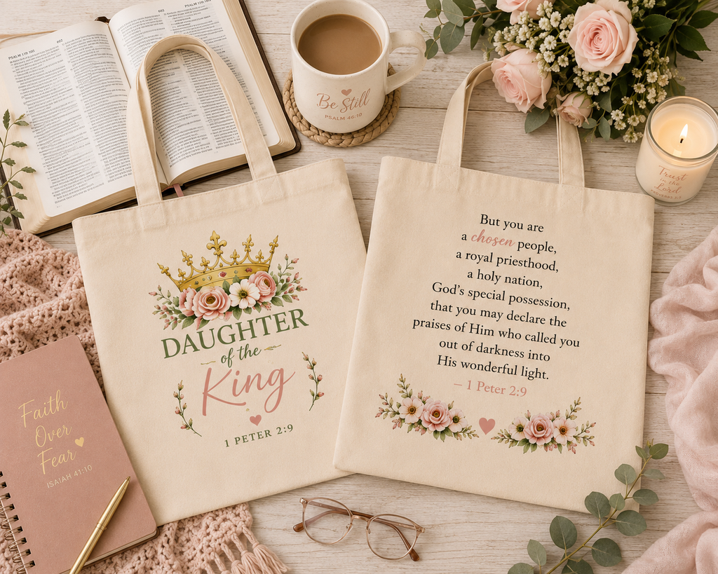 Daughter of the King Christian Tote Bag | 1 Peter 2:9 Floral Canvas Tote | Faith Gift for Women | Bible Verse Reusable Shopping Bag