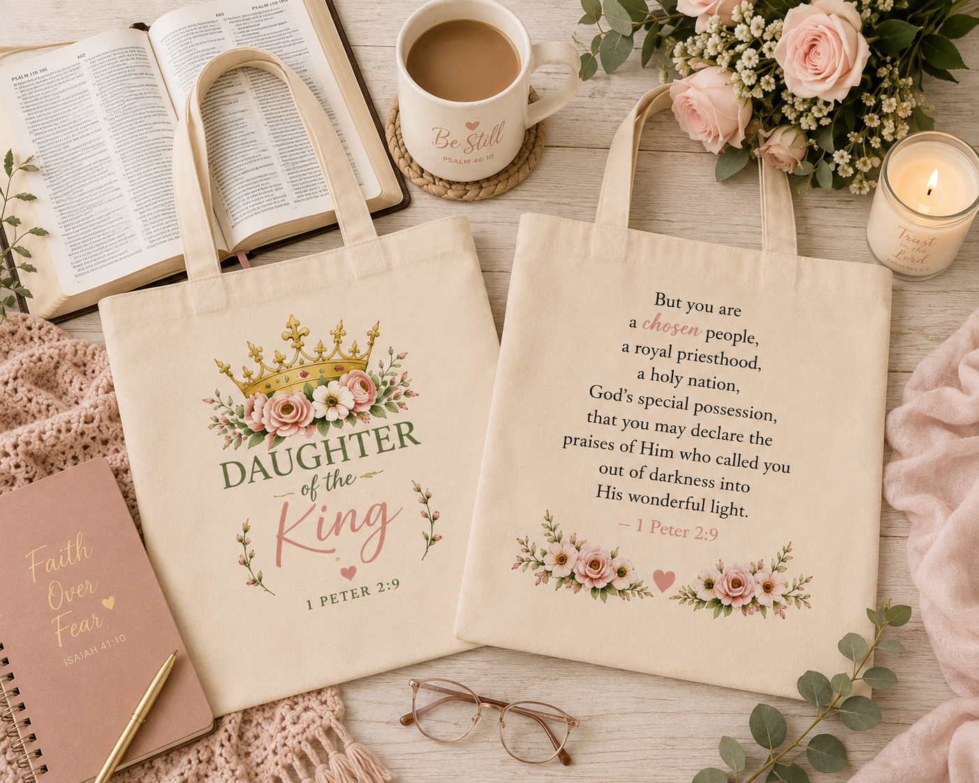 Daughter of the King Christian Tote Bag | 1 Peter 2:9 Floral Canvas Tote | Faith Gift for Women | Bible Verse Reusable Shopping Bag
