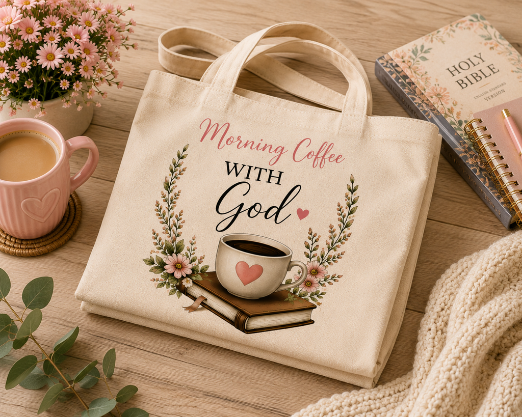 Morning Coffee with God Canvas Tote Bag | Christian Tote Bag | Psalm 5:3 Bible Verse Tote | Faith-Based Gift for Women | Bible Study Bag