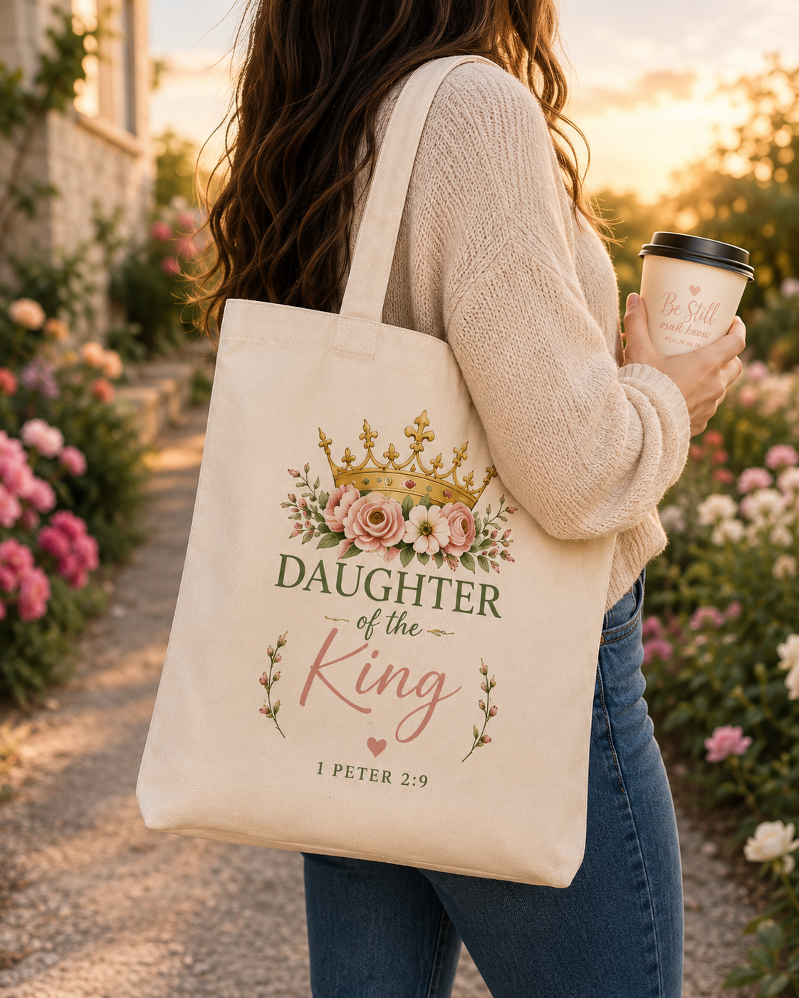 Daughter of the King Christian Tote Bag | 1 Peter 2:9 Floral Canvas Tote | Faith Gift for Women | Bible Verse Reusable Shopping Bag
