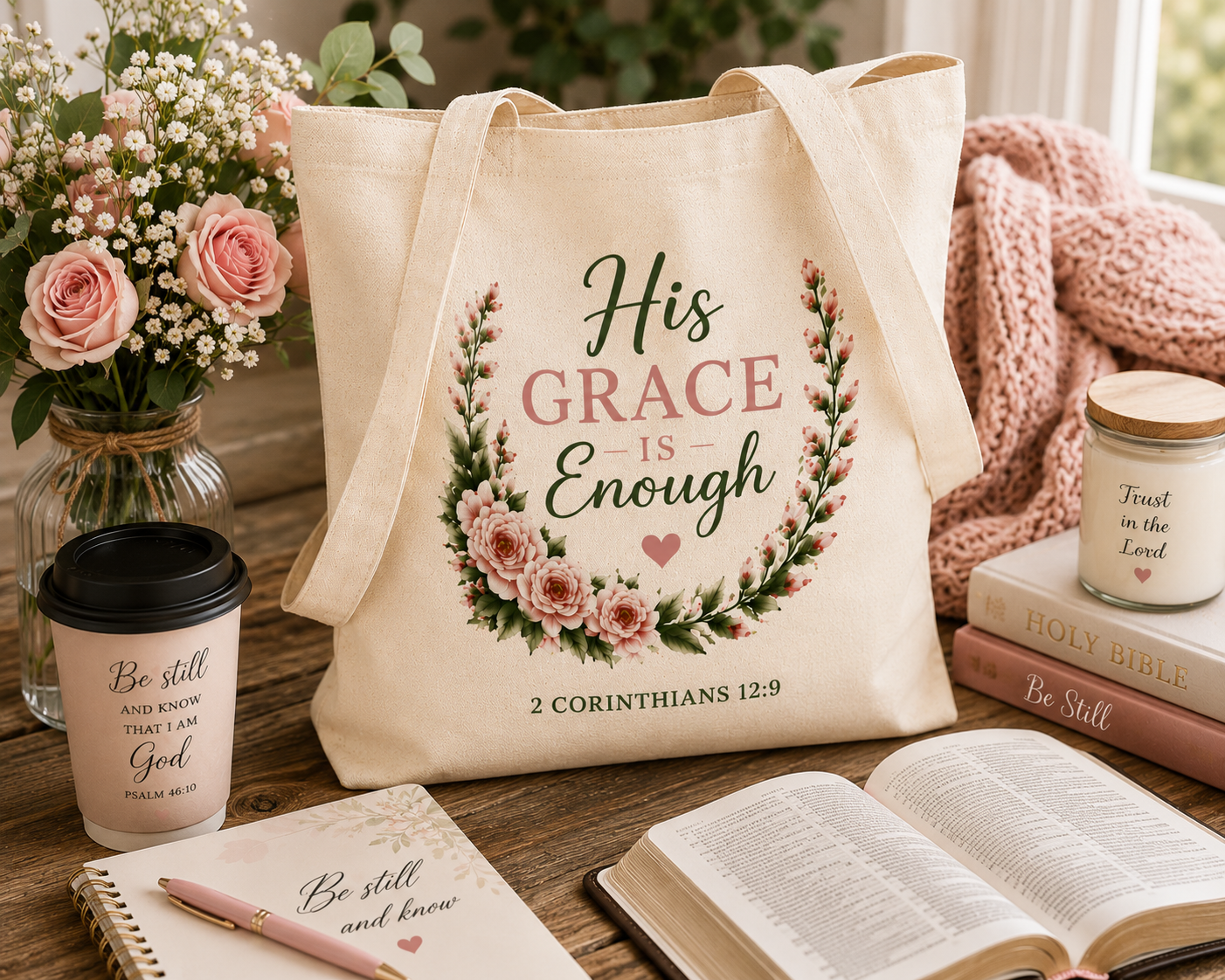 His Grace Is Enough Christian Tote Bag | 2 Corinthians 12:9 Bible Verse Canvas Bag | Christian Gift for Women | Reusable Scripture Tote | Faith Everyday Bag
