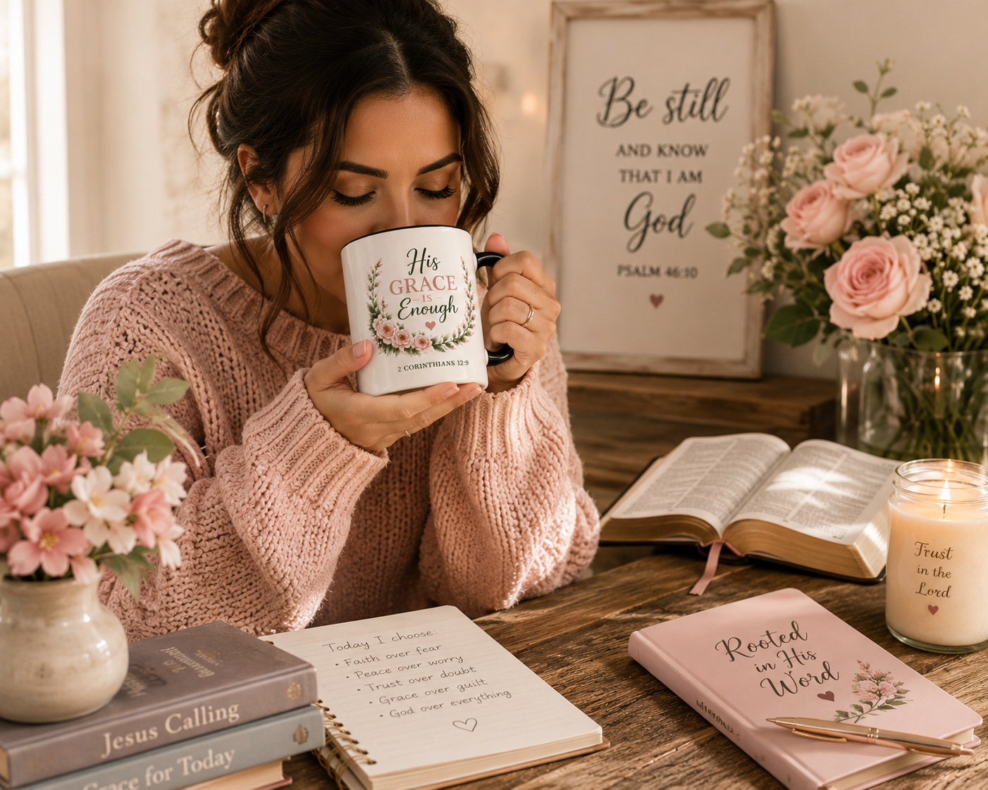 His Grace Is Enough Christian Accent Mug | 2 Corinthians 12:9 Bible Verse Coffee Mug | Faith Gift for Women | Christian Coffee Cup | Scripture Mug