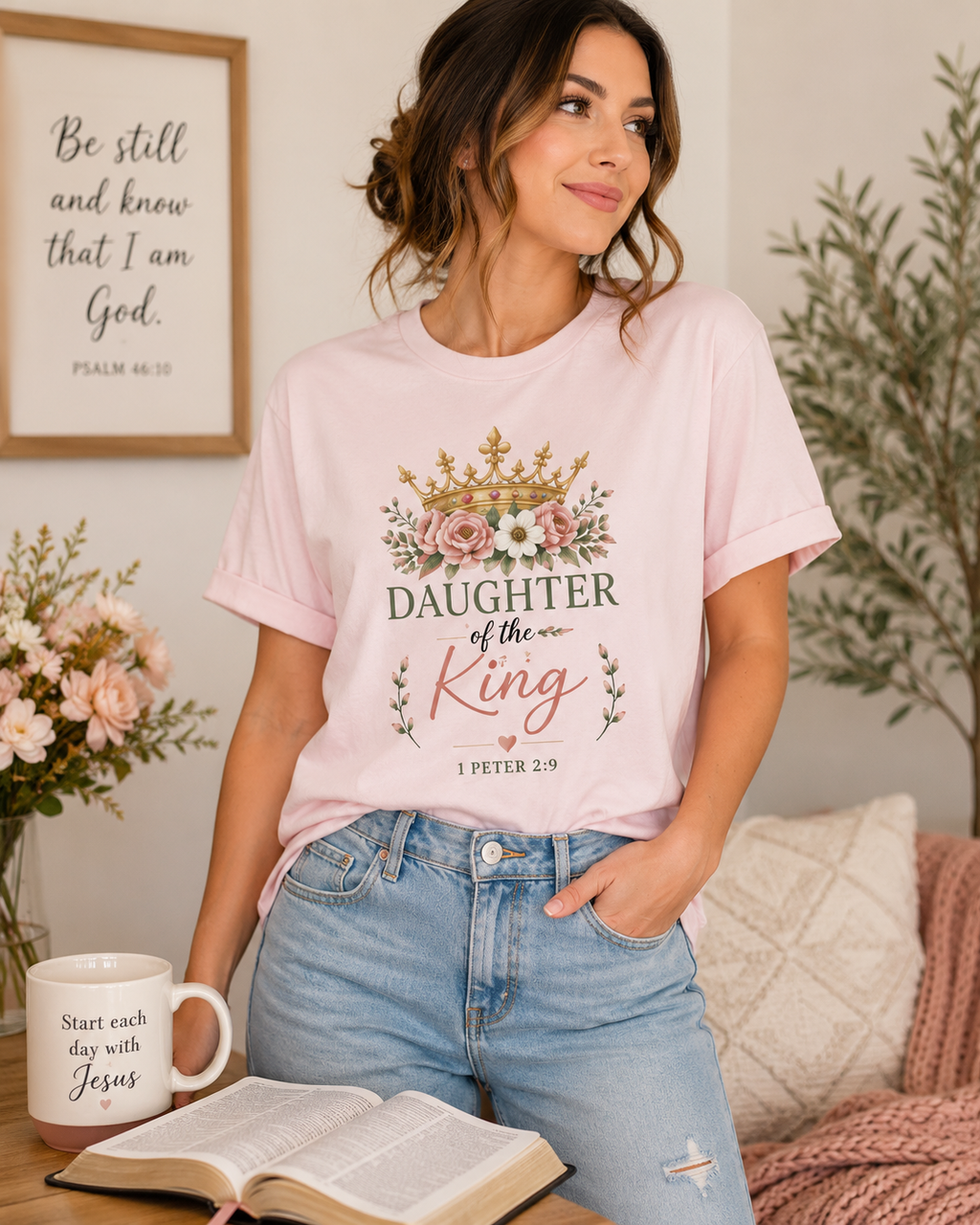 Daughter of the King Comfort Colors® Christian T-Shirt | 1 Peter 2:9 Bible Verse Shirt | Faith-Based Women's Graphic Tee | Floral Crown Christian Gif