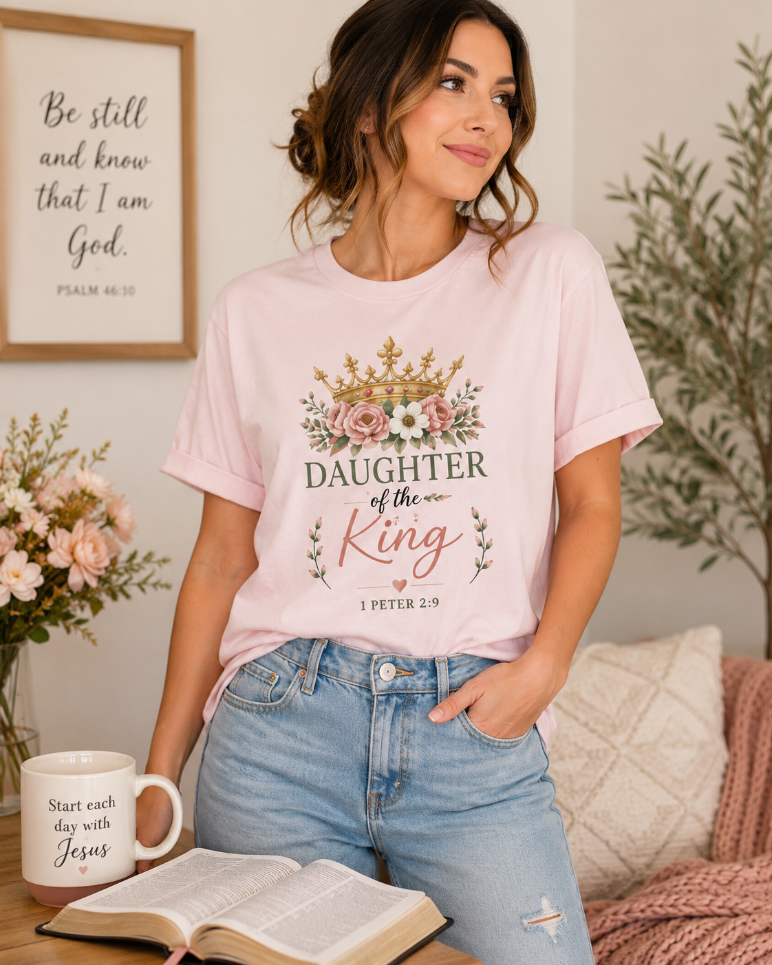 Daughter of the King Comfort Colors® Christian T-Shirt | 1 Peter 2:9 Bible Verse Shirt | Faith-Based Women's Graphic Tee | Floral Crown Christian Gif