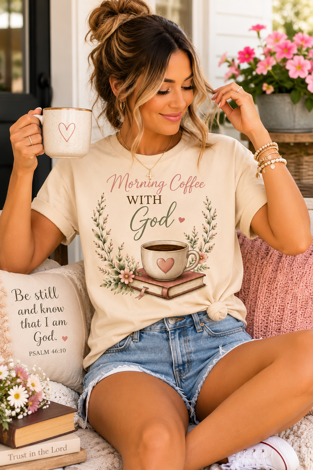 Morning Coffee with God Christian T-Shirt | Faith-Based Graphic Tee | Psalm 5:3 Inspirational Shirt | Bible Study Shirt | Christian Gift for Women