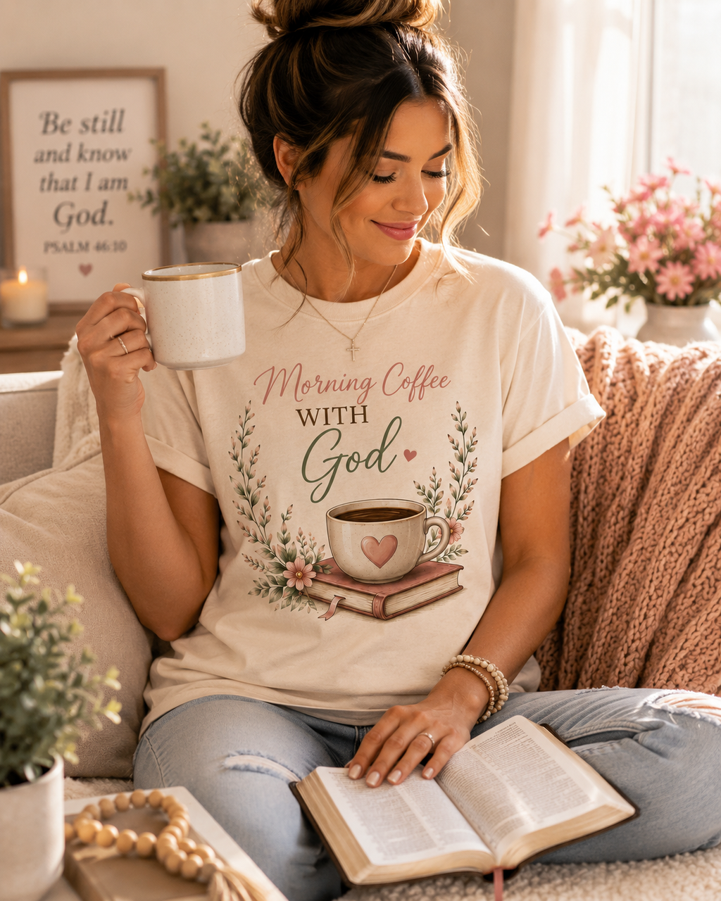 Morning Coffee with God Christian T-Shirt | Faith-Based Graphic Tee | Psalm 5:3 Inspirational Shirt | Bible Study Shirt | Christian Gift for Women