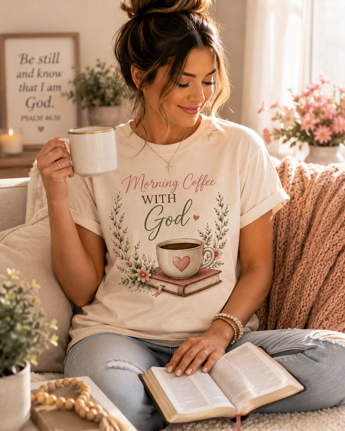 Morning Coffee with God Christian T-Shirt | Faith-Based Graphic Tee | Psalm 5:3 Inspirational Shirt | Bible Study Shirt | Christian Gift for Women
