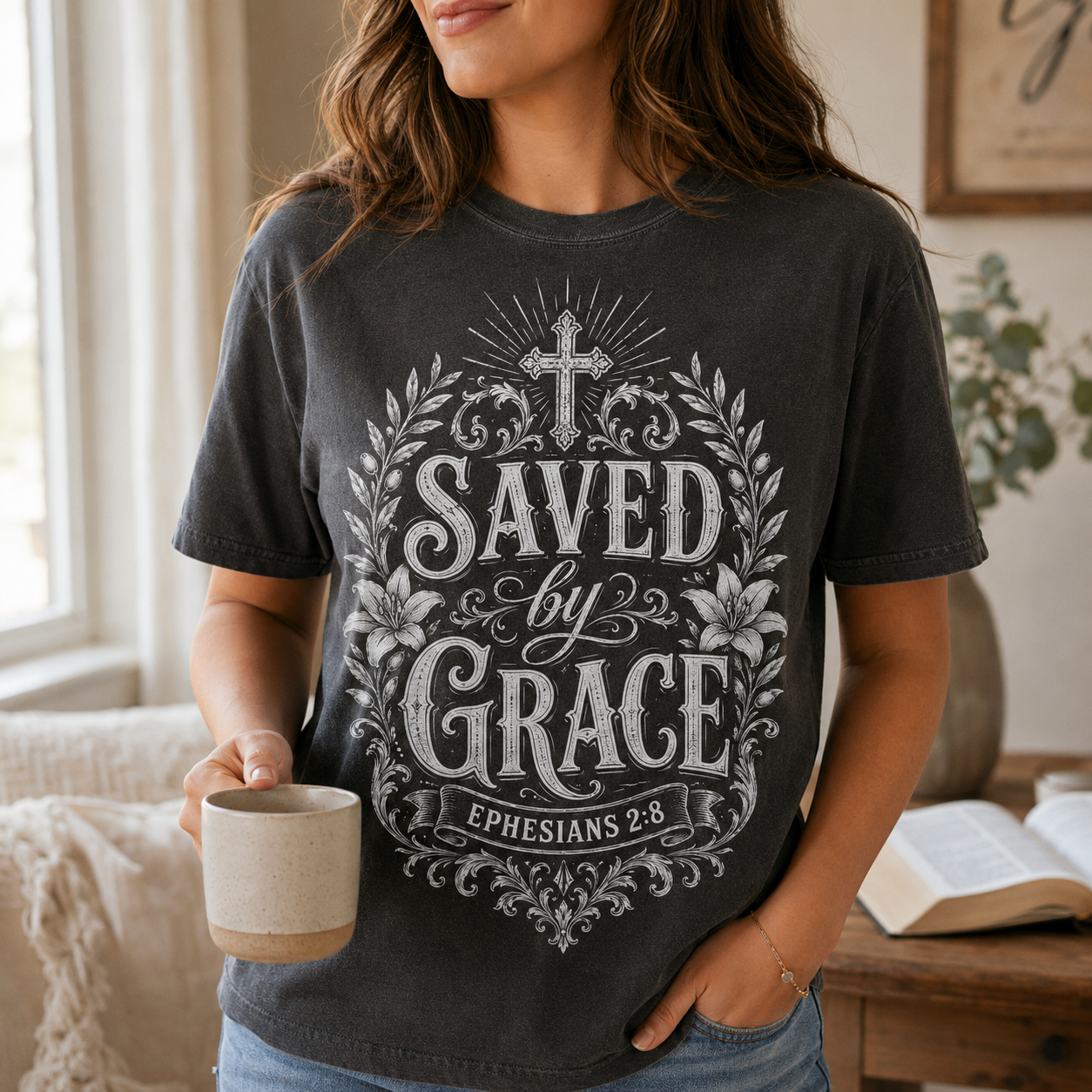 Saved by Grace Christian T-Shirt | Ephesians 2:8 Vintage Faith Shirt