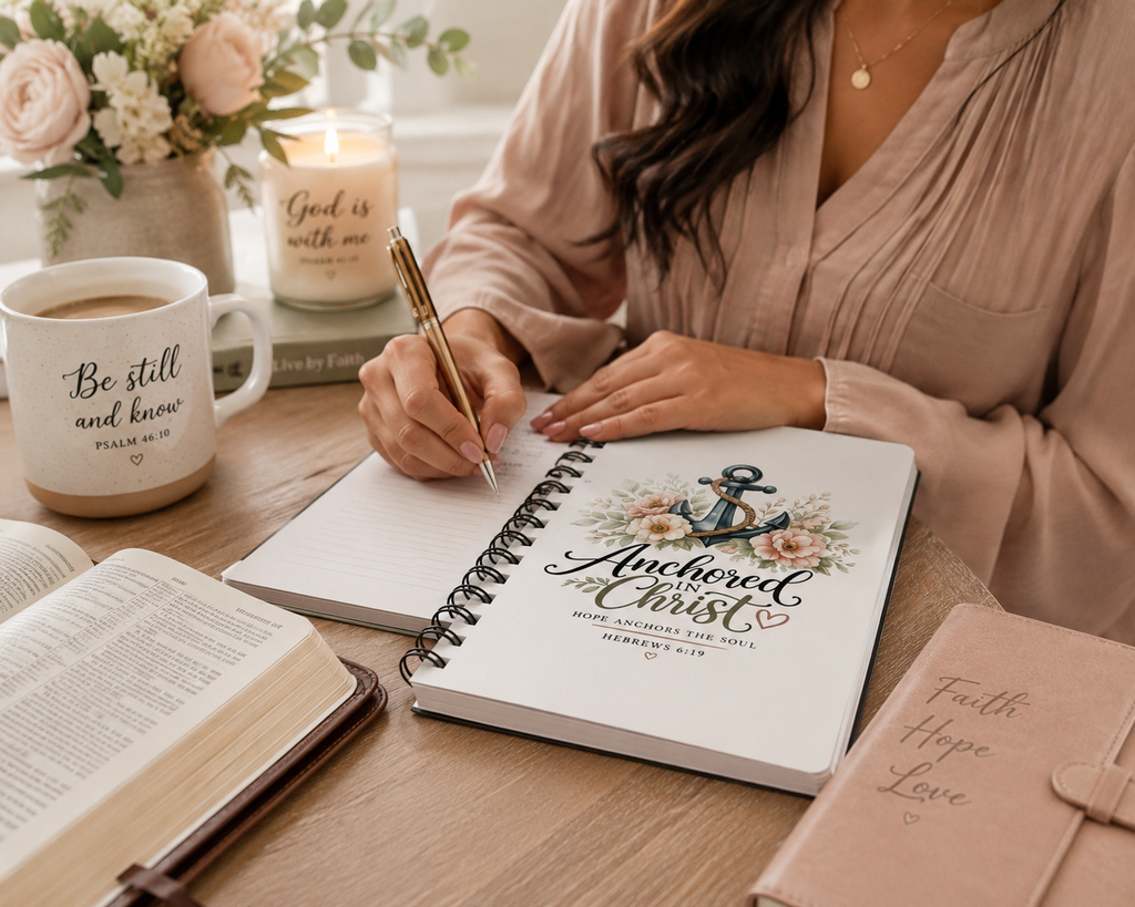 Anchored in Christ Christian Spiral Notebook | Hebrews 6:19 Faith Journal | Bible Study Notebook | Prayer Journal | Christian Gift for Women
