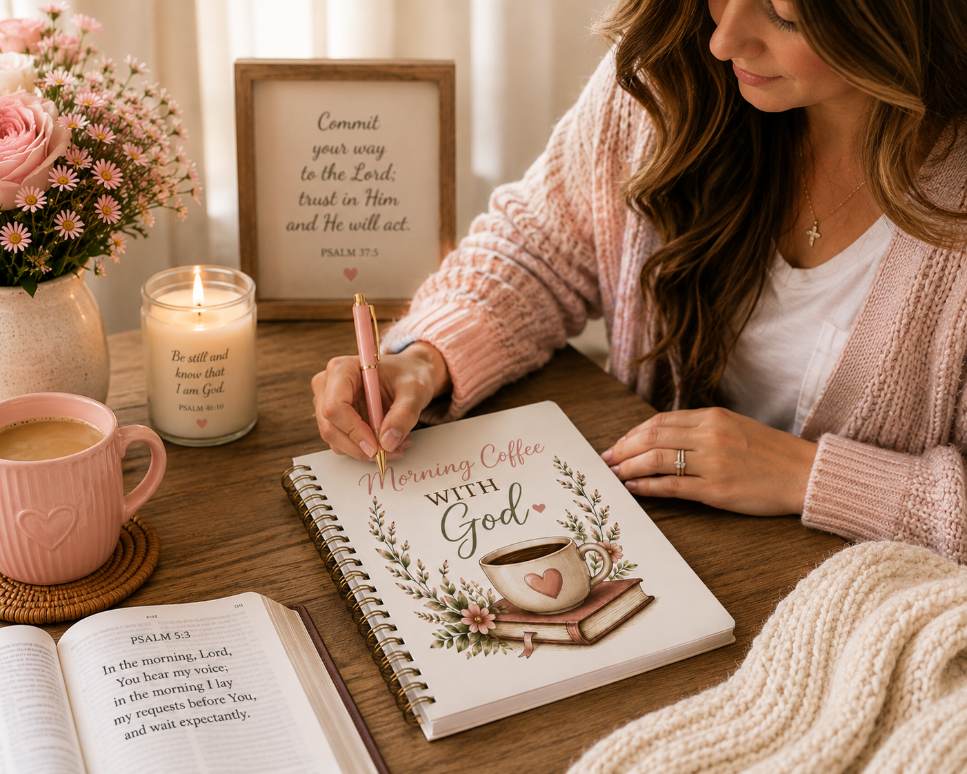 Morning Coffee with God Spiral Notebook | Christian Journal | Psalm 5:3 Bible Verse Notebook | Bible Study Notebook | Faith Gift for Women