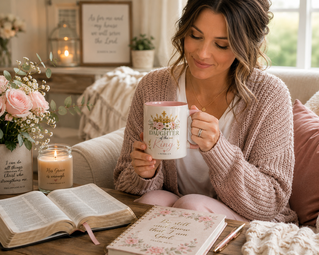 Daughter of the King Accent Coffee Mug | Christian Mug with 1 Peter 2:9 | Faith-Based Gift for Women | Bible Verse Coffee Cup | 11oz & 15oz