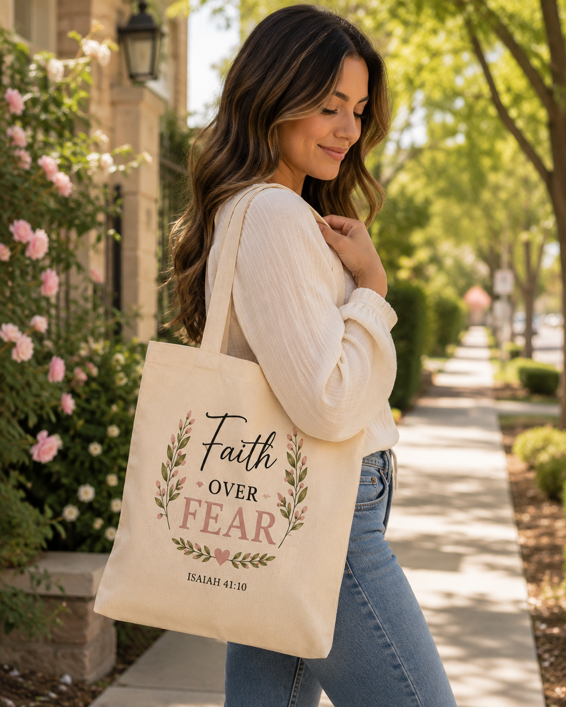 Faith Over Fear Christian Tote Bag | Isaiah 41:10 Scripture Canvas Tote | Bible Study Gift | Still Waters Daily Ministry