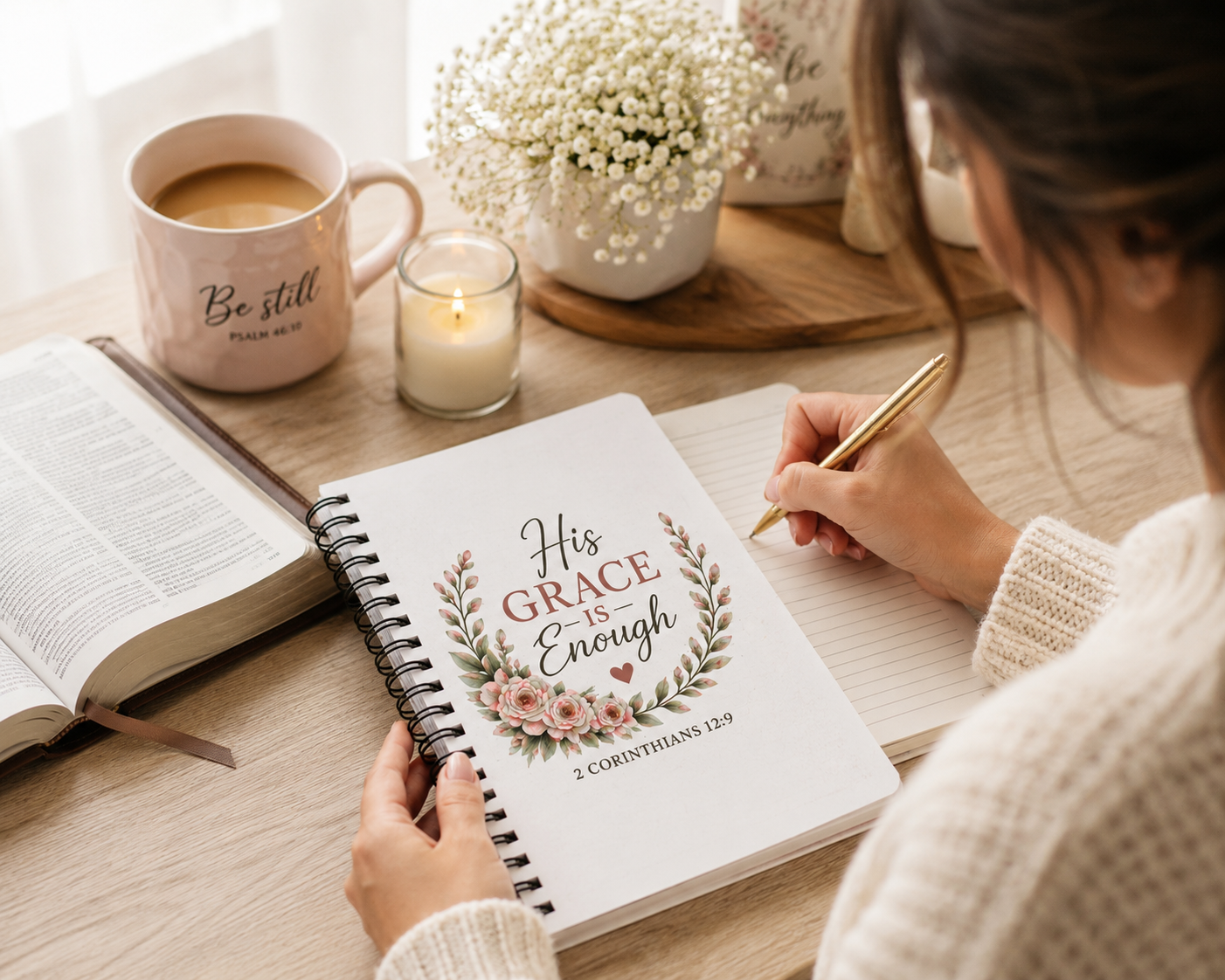 His Grace Is Enough Christian Spiral Notebook | 2 Corinthians 12:9 Prayer Journal | Bible Study Notebook | Faith Journal for Women | Christian Gift