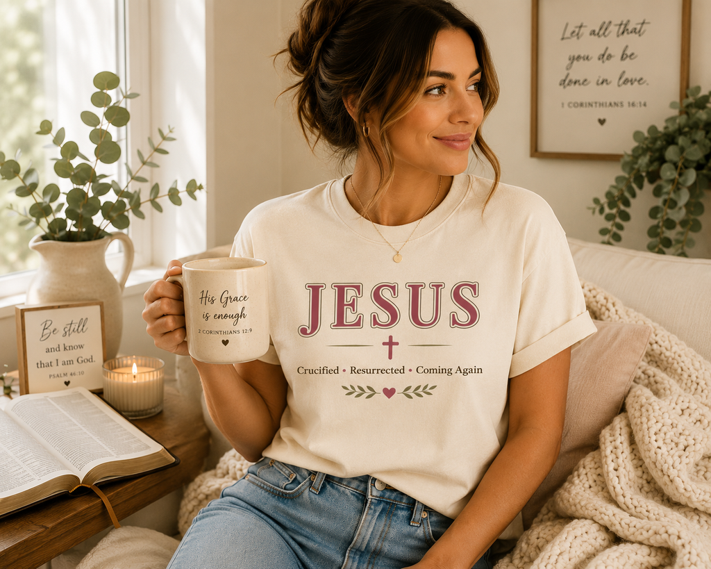 Jesus Crucified • Resurrected • Coming Again | Christian Comfort Colors T-Shirt | Faith-Based Graphic Tee | Christian Gift for Women