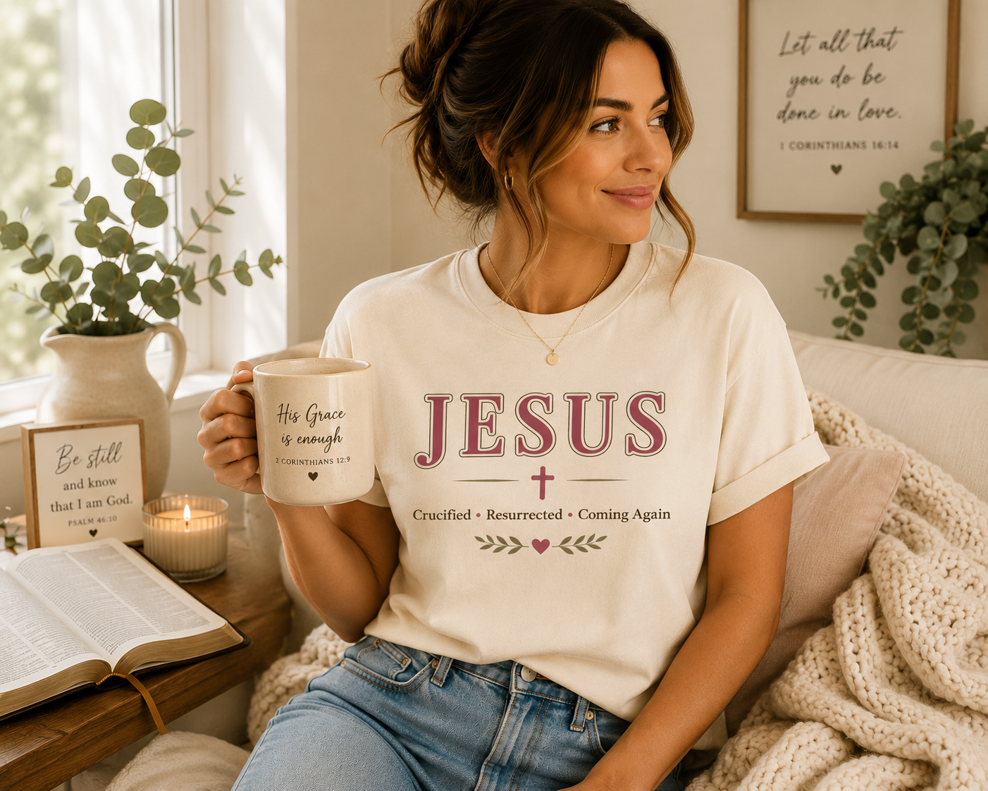 Jesus Crucified • Resurrected • Coming Again | Christian Comfort Colors T-Shirt | Faith-Based Graphic Tee | Christian Gift for Women
