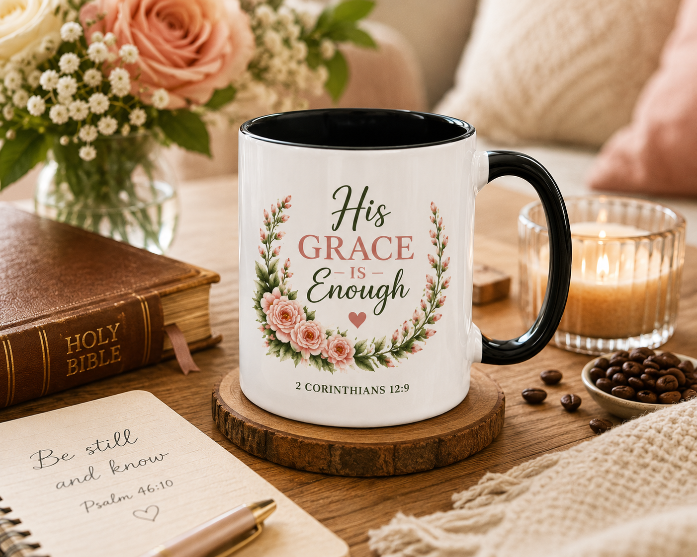 His Grace Is Enough Christian Accent Mug | 2 Corinthians 12:9 Bible Verse Coffee Mug | Faith Gift for Women | Christian Coffee Cup | Scripture Mug