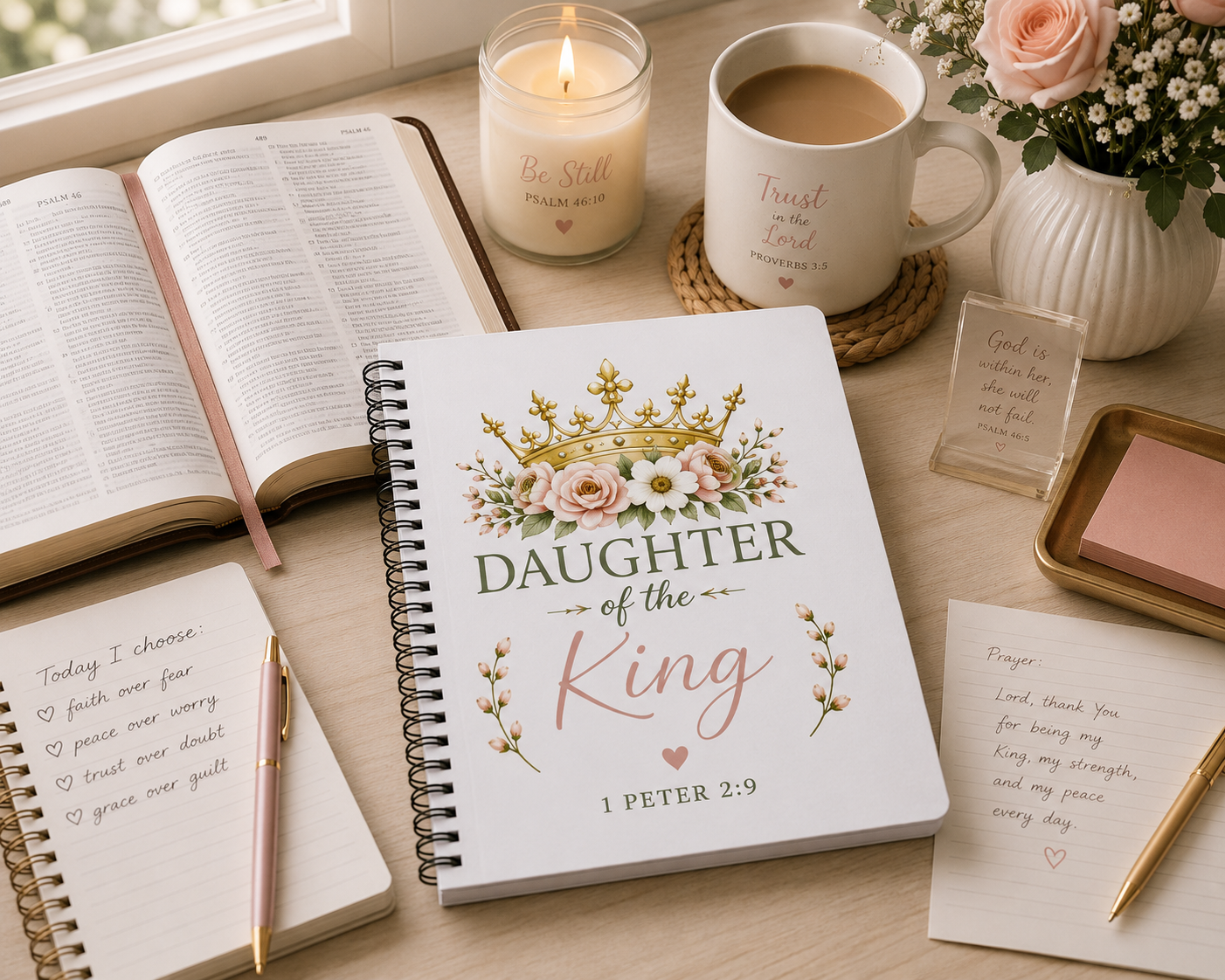 Daughter of the King Christian Spiral Notebook | 1 Peter 2:9 Prayer Journal | Bible Study Notebook | Faith Journal for Women | Christian Gift