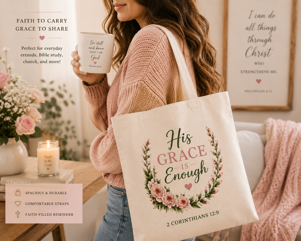 His Grace Is Enough Christian Tote Bag | 2 Corinthians 12:9 Bible Verse Canvas Bag | Christian Gift for Women | Reusable Scripture Tote | Faith Everyday Bag