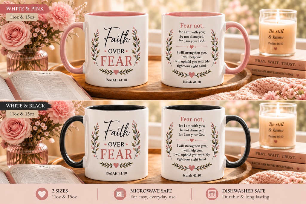 Faith Over Fear Christian Coffee Mug | Isaiah 41:10 Scripture Mug | Inspirational Bible Verse Mug | Christian Gift for Women | Prayer Coffee Cup