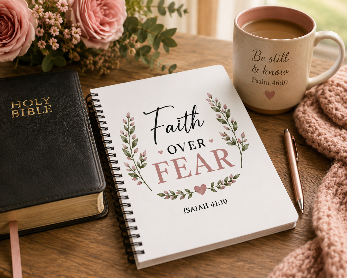 Faith Over Fear Spiral Notebook | Isaiah 41:10 Christian Journal | Bible Study Notebook | Prayer and Sermon Notes | Faith Gift for Women
