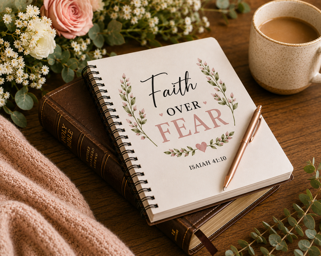 Faith Over Fear Spiral Notebook | Isaiah 41:10 Christian Journal | Bible Study Notebook | Prayer and Sermon Notes | Faith Gift for Women