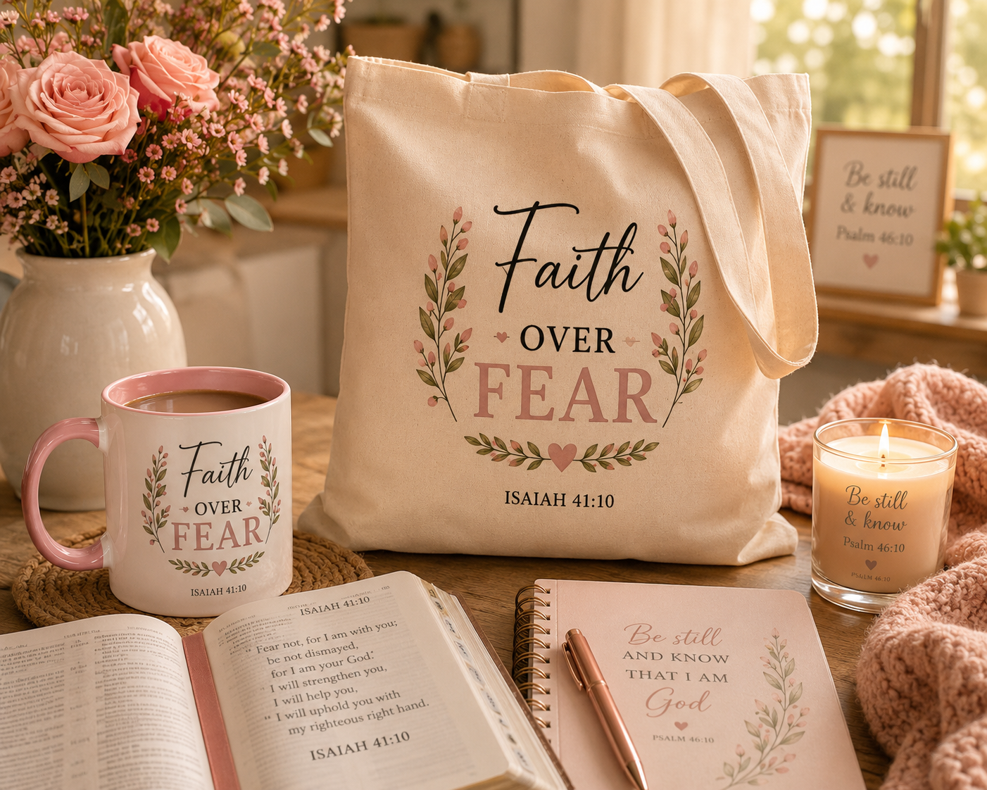 Faith Over Fear Christian Tote Bag | Isaiah 41:10 Scripture Canvas Tote | Bible Study Gift | Still Waters Daily Ministry