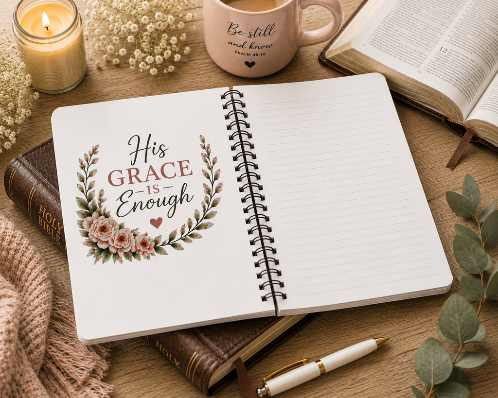 His Grace Is Enough Christian Spiral Notebook | 2 Corinthians 12:9 Prayer Journal | Bible Study Notebook | Faith Journal for Women | Christian Gift