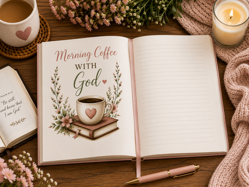 Morning Coffee with God Hardcover Journal | Christian Prayer Journal | Psalm 5:3 Faith Journal | Bible Study Notebook | Christian Gift for Women