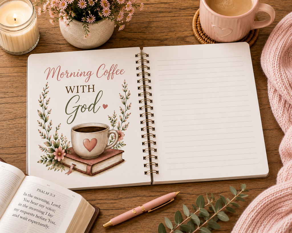 Morning Coffee with God Spiral Notebook | Christian Journal | Psalm 5:3 Bible Verse Notebook | Bible Study Notebook | Faith Gift for Women
