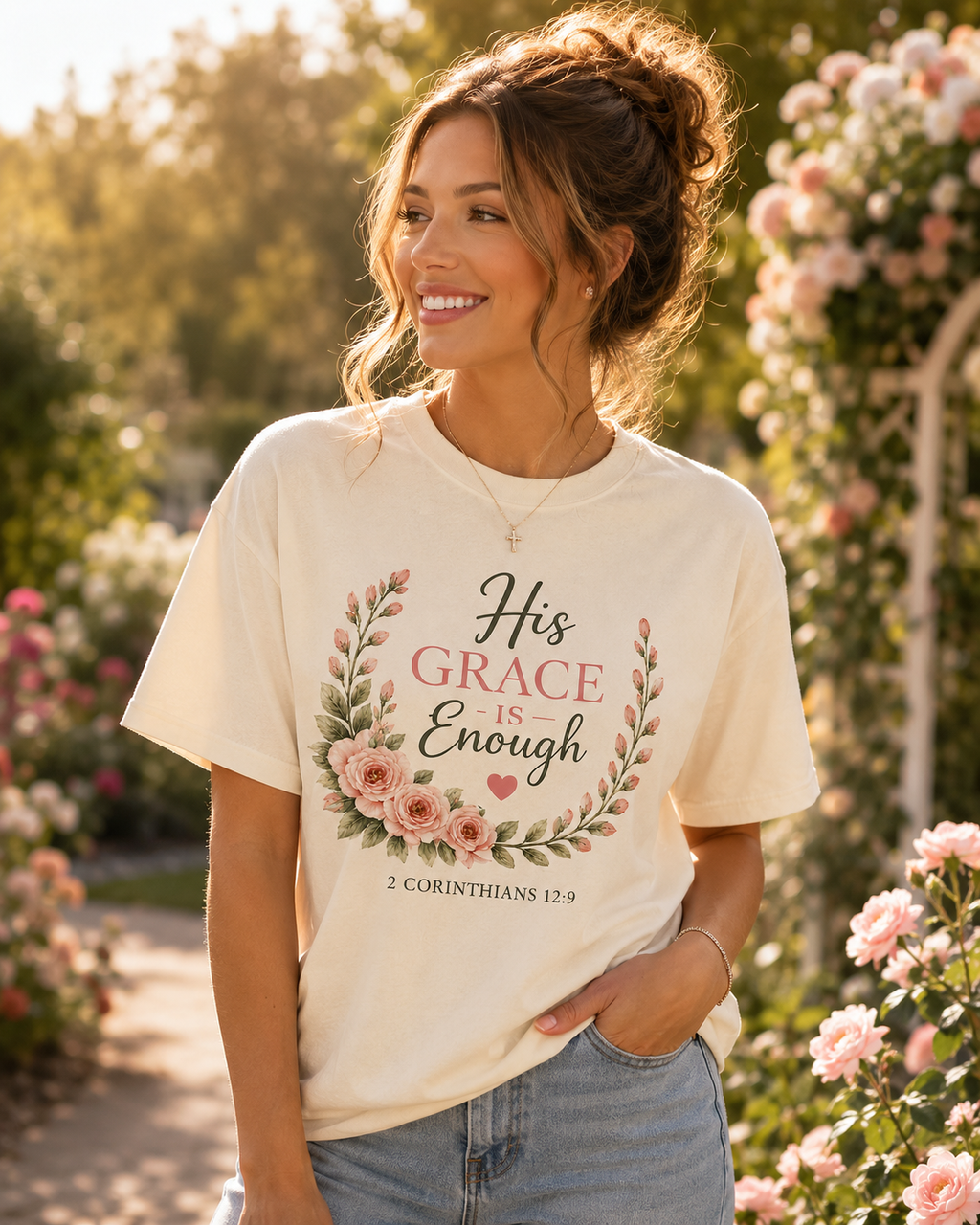 His Grace Is Enough Christian T-Shirt | 2 Corinthians 12:9 | Faith-Based Floral Shirt | Inspirational Bible Verse Tee | Christian Gift for Women