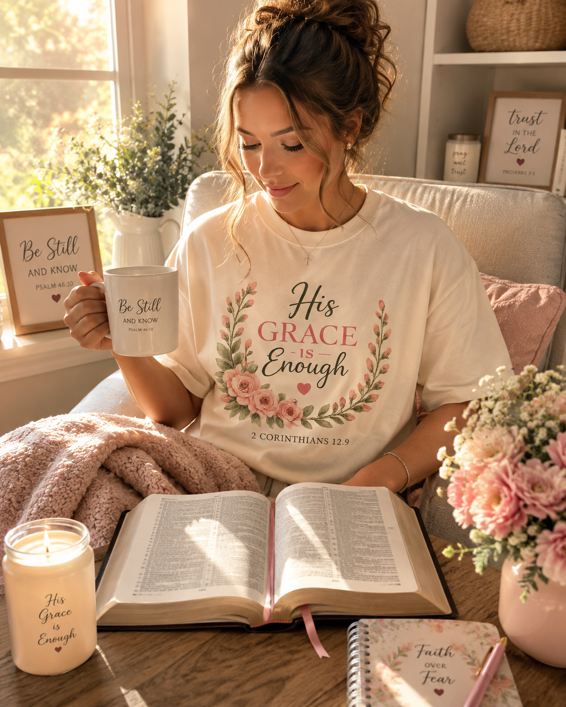 His Grace Is Enough Christian T-Shirt | 2 Corinthians 12:9 | Faith-Based Floral Shirt | Inspirational Bible Verse Tee | Christian Gift for Women