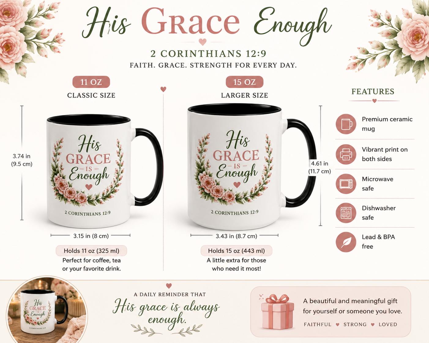 His Grace Is Enough Christian Accent Mug | 2 Corinthians 12:9 Bible Verse Coffee Mug | Faith Gift for Women | Christian Coffee Cup | Scripture Mug