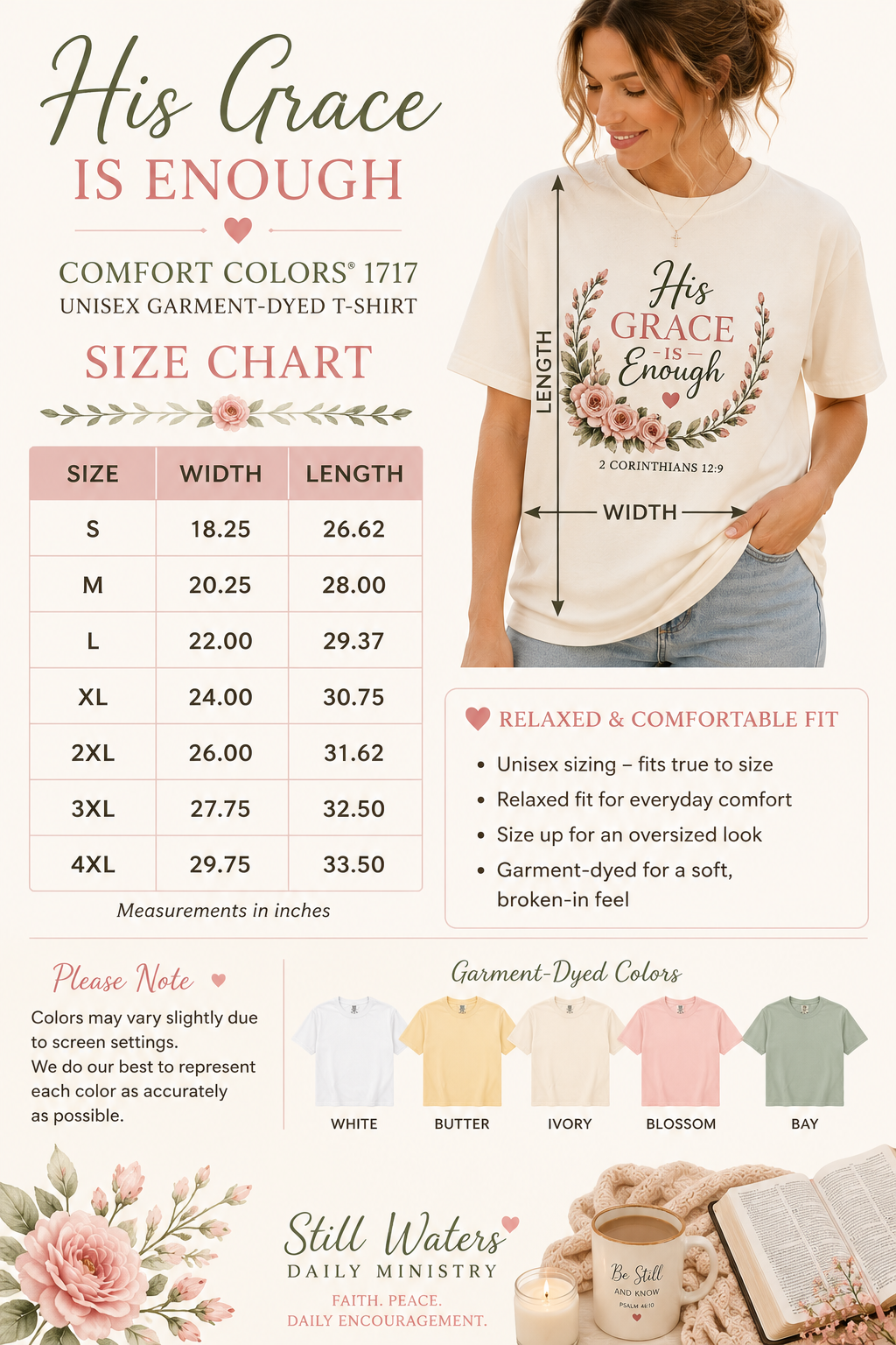His Grace Is Enough Christian T-Shirt | 2 Corinthians 12:9 | Faith-Based Floral Shirt | Inspirational Bible Verse Tee | Christian Gift for Women