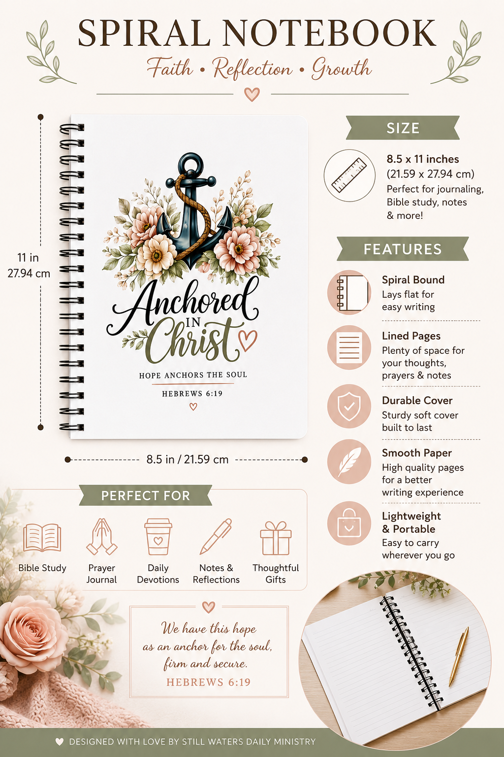 Anchored in Christ Christian Spiral Notebook | Hebrews 6:19 Faith Journal | Bible Study Notebook | Prayer Journal | Christian Gift for Women