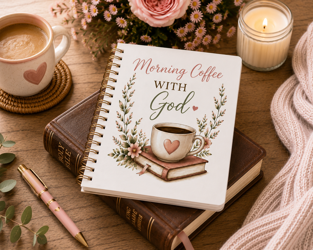 Morning Coffee with God Spiral Notebook | Christian Journal | Psalm 5:3 Bible Verse Notebook | Bible Study Notebook | Faith Gift for Women
