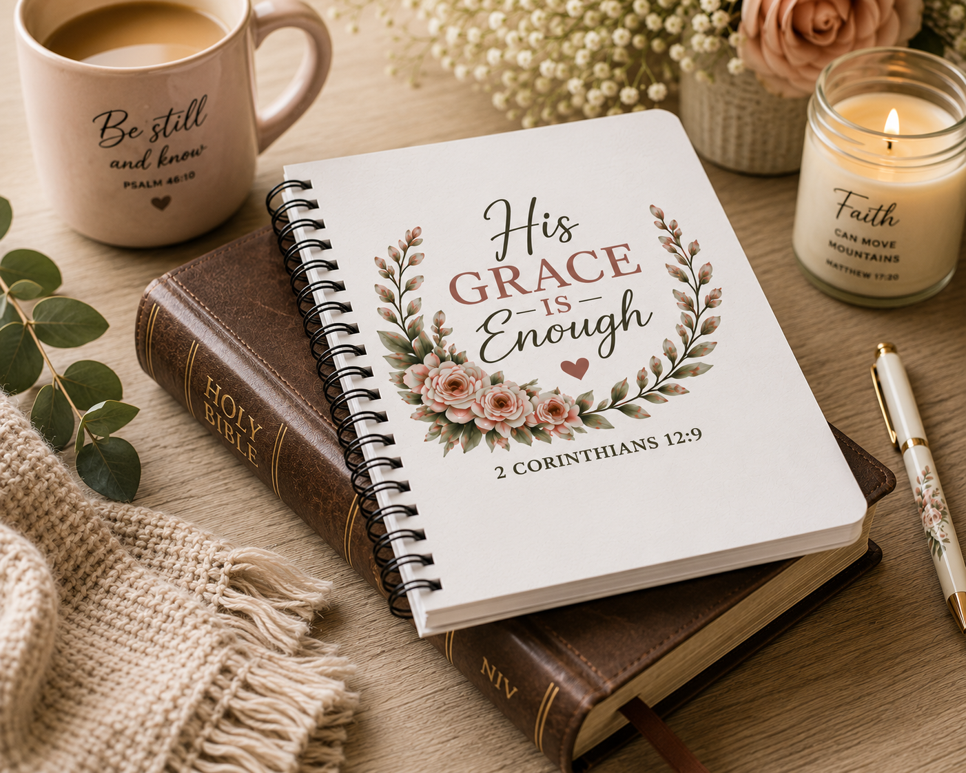 His Grace Is Enough Christian Spiral Notebook | 2 Corinthians 12:9 Prayer Journal | Bible Study Notebook | Faith Journal for Women | Christian Gift