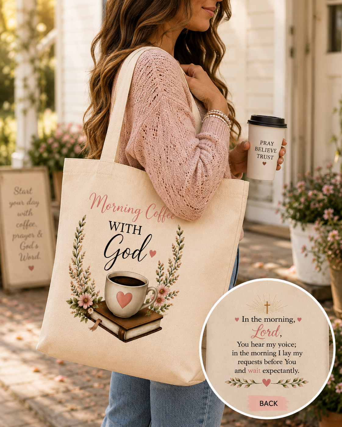 Morning Coffee with God Canvas Tote Bag | Christian Tote Bag | Psalm 5:3 Bible Verse Tote | Faith-Based Gift for Women | Bible Study Bag