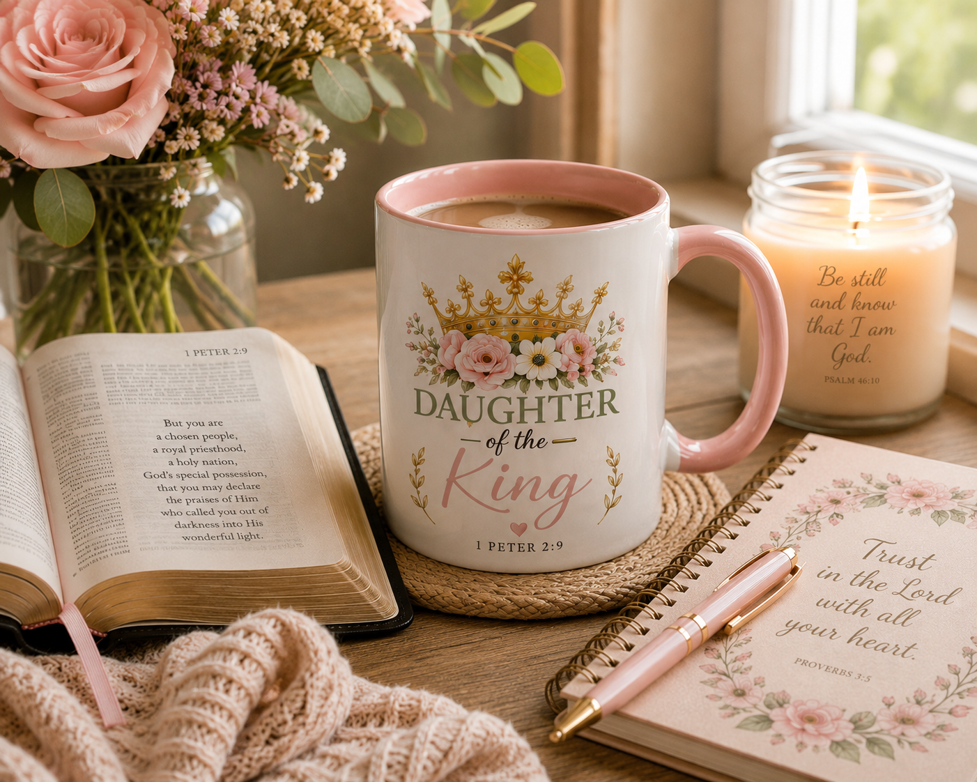 Daughter of the King Accent Coffee Mug | Christian Mug with 1 Peter 2:9 | Faith-Based Gift for Women | Bible Verse Coffee Cup | 11oz & 15oz